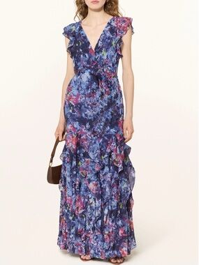 Ralph Lauren Abstract Floral Ruffle Maxi Dress 4 Crinkle Georgette Gown Blue NWT